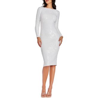 Dress The Population Emery Long Sleeve Sequin Cocktail Midi Dress in White Multi at Nordstrom, Size Medium