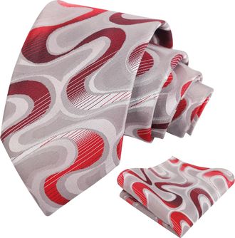 Alizeal Mens Ripple Patterned Necktie and Hanky Colorful Gradient Novelty Tie and Pocket Square Set, Gray+Red