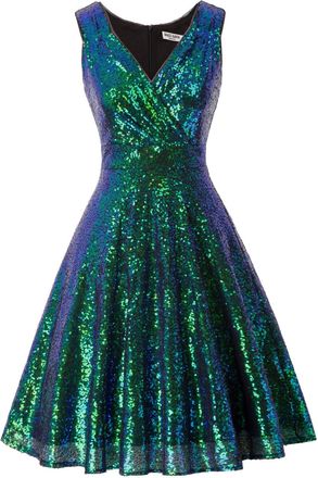Grace Karin Ladies 1950s Sequins Party Dress Elegant Retro V-Neck A-line Glitzy Christmas Dress XXL Sequined Dark Green
