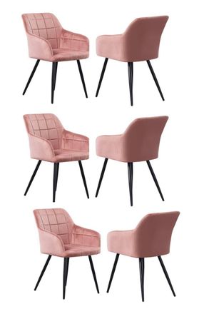 Life Interiors Set of 6 Camden Modern Velvet Dining Chairs with Armrests, Quilted Design & Black Metal Legs in Pink