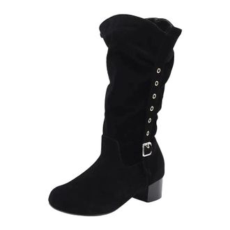 Generic Womens Leisure Mid Calf Boots Round Toe Med Block Heel Platform With Slip On Design Pleated Detail And Buckle