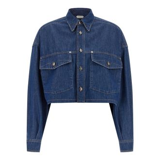Versace Overhemden, Dames, Blauw, S, Denim, Chambray Denim Crop Shirt