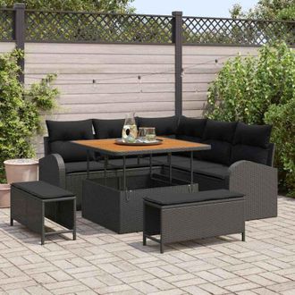 vidaXL Conjunto De Sof&aacute; De Jard&iacute;n Con Coj&iacute;n 8 Pcs Negro Polirat&aacute;n Vidaxl