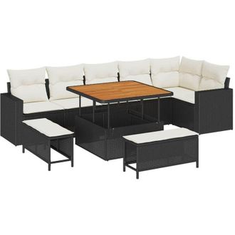 vidaXL Conjunto De Sof&aacute; De Jard&iacute;n Con Coj&iacute;n 9 Pcs Negro Y Crema Vidaxl