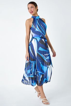 Roman Abstract Print Pleated Chiffon Midi Dress