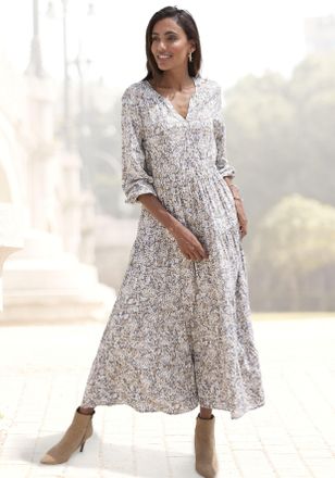 Vivance Maxikleid VIVANCE, Damen, Gr. 34, N-Gr, grau (grau, beige bedruckt), Web, Obermaterial: 100% Viskose, bedruckt, figurumspielend lang, V-Ausschnitt, mi