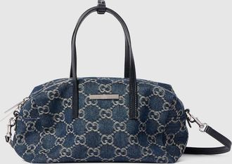 Gucci Small Boston Bag With Gucci Plaque, Blue, Fabric