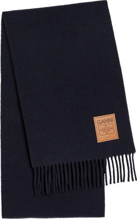 Ganni Designer-appliqu&eacute; Fringed Wool Scarf - Black - One Size