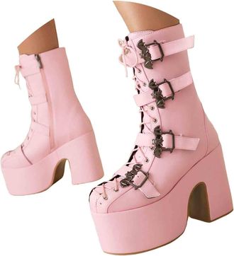 Generic Double Platform Ankle Boots with Lace up Belt Buckle High Chunky Heels Square Toe Fashion Work Comba Boots Mid Calf Red