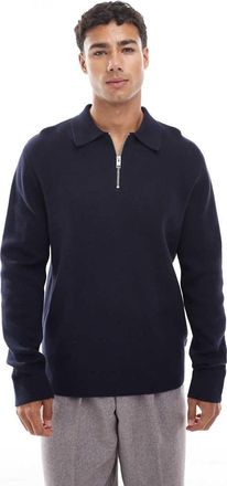 Jack & Jones Premium - Polo a maniche lunghe in maglia color blu navy con zip corta