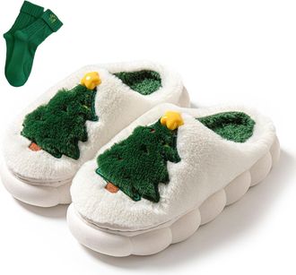 Generic Christmas Tree Plush Slippers Women Men, Winter House Slides, Cozy Fuzzy Fluffy Soft Warm Shoes With Socks (White, M, Adult, Women, 9, Numeric Range, 