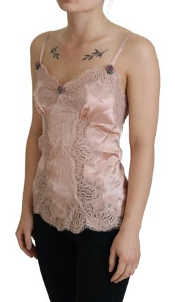 Dolce & Gabbana Womens Pink Satin Lace Roses Tank Top Lingerie Cotton
