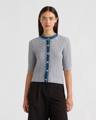NVLT Womens Short Sleeve Cable Sweater with Denim Trim