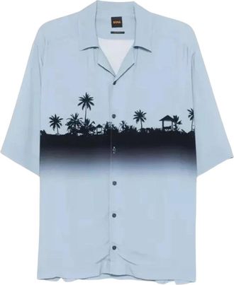 HUGO BOSS Palm-tree Print Ombr&eacute; Shirt - Heren - Korte mouwen Overhemden - Blauw - L - Overhemden