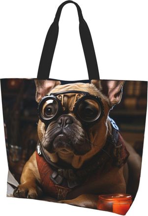Generic French Bulldog Is Reading A Book Grocery Bag Durable Shopping Bag Foldable Grocery Bags For Ladies Casual College