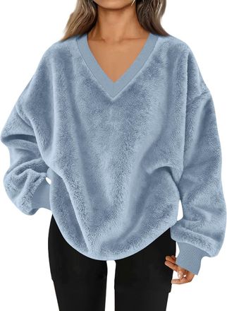 Generic Womens Fleece Tops Sherpa Fuzzy Fluffy Jumpers Flannel Long Sleeve V Neck Sweatshirts Casual Loose Thermal Sweater Ladies Soft Plush Thicken Pullover 
