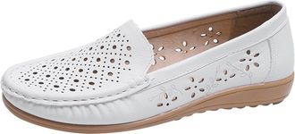 Generic Leather Loafers for Women,Slip-on Moccasin Ballet Flats, Office Care Hollow Shoes,White,5.5 UK