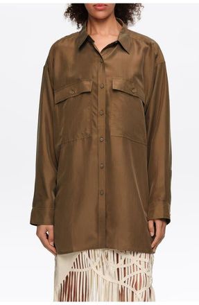 Bimba & Lola Oversize Silk Shirt in Olive at Nordstrom, Size X-Small Eu