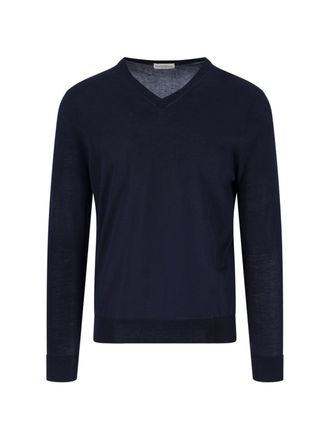 Ballantyne Blue V-Neck Ribbed Cotton Knit Sweater