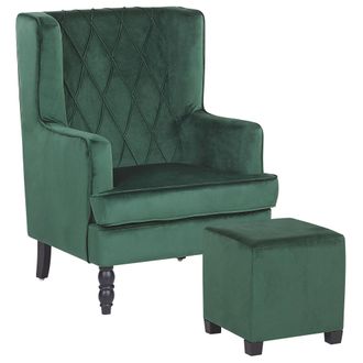 Beliani Beliani - Sill&oacute;n Con Reposapi&eacute;s Tapizado En Tela De Terciopelo Verde Con Patas De Madera Butaca Silla Orejera Sandset