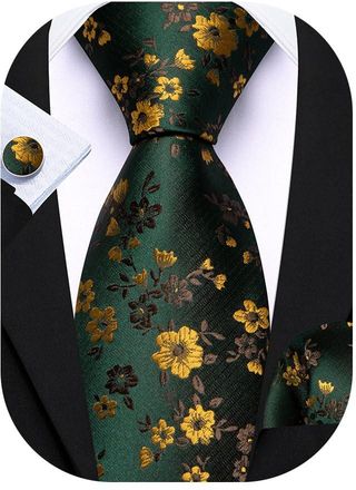 Barry.Wang Mens Green Tie Silk Retro Floral Necktie Pocket Square Cufflinks Set Wedding Party Formal