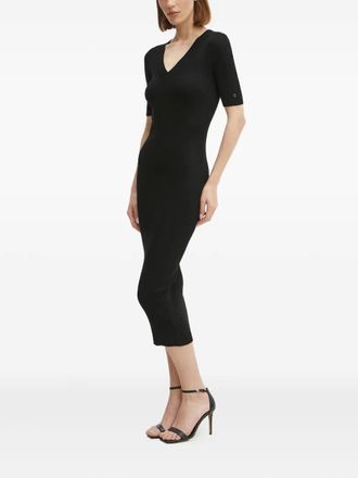 Guess Co ribbed V-neck midi dress - women - Viscose/Polyamide - S - Black