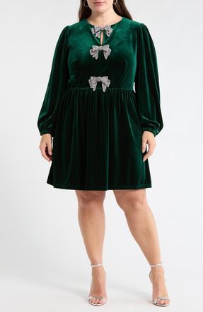 Sugarlips Glow Bow Velvet Long Sleeve Dress in Emerald at Nordstrom, Size 3X