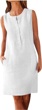 Generic Linen Dresses for Women UK Solid Round Neck Sleeveless Dress Ladies Summer Tank Dress with Pockets Button Down Casual Loose Mini Shift Dresses Boho Co