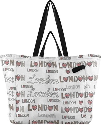 Generic City Heart White print Reusable Canvas Tote Bag, Heavy Duty Grocery Shopping Bag with Hard Bottom Large Capacity Double Handles Work Groceries Travel