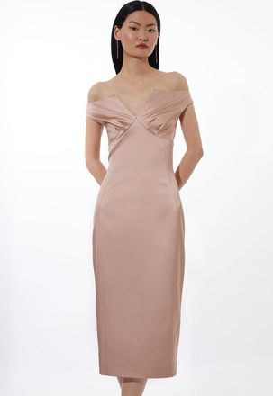 Karen Millen Womens Italian Satin Tailored Off Shoulder Panelled Midi Dress - Champagne - Size 6 UK