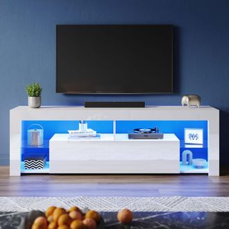 Elegant Lighting High Gloss tv Stand with led Lights, Floor Stand tv Unit with Open Glass Shelves and Flip-Down Door Compartment, White, 1600x350x505mm - Elegant