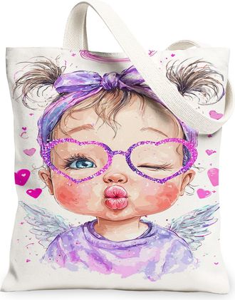 Generic Cute Hearts Canvas Tote Bag, Fun Cartoon Character Print Reusable Grocery Bags, Lightweight Washable Shoulder Strap Canvas, White, 13x15 Inch