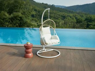 Vente-Unique Braided Resin Hanging Chair - Light Natural With White Cushions in Light Oak
