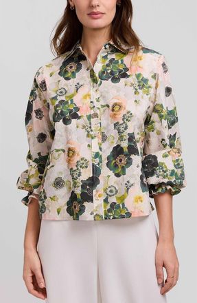 Foxcroft Vivienne Bouquet Cotton Poplin Button-Up Shirt in Green/white Multi at Nordstrom, Size X-Small