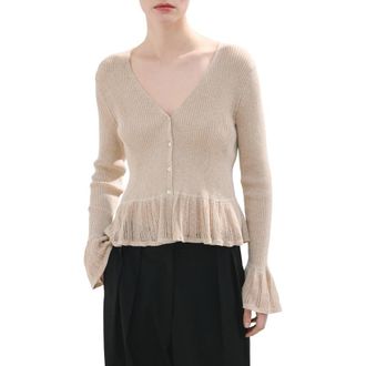 Mango Ruffle Rib & Pointelle Cardigan in Sand at Nordstrom, Size X-Small