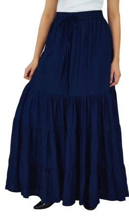 Bimba Boho Long Flaired Maxi Tier Skirt Elastic Waist Rayon Bohemian Skirts Navy Blue