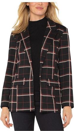 Liverpool L.A. Petite Tattersall Plaid Knit Jacquard Boyfriend Blazer Womens Jacket Black/Red Tattersall Plaid : PXL