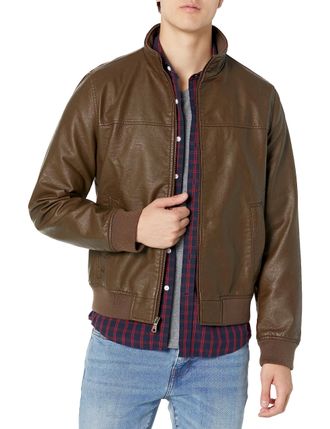Tommy Hilfiger Mens Smooth Lamb Touch Faux Leather Unfilled Windbreaker Bomber Jacket, Earth, M