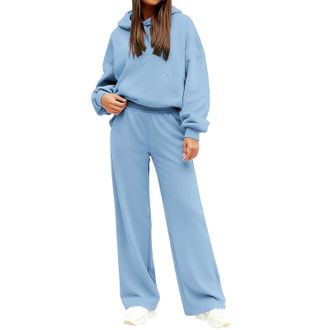 Generic Womens 2 Piece Outfit Tracksuit Womens Full Set Warm Fleece Sweatsuits Long Sleeve Hoodies and Trousers 2 Piece Casual Outfits Solid Color Loungewear 