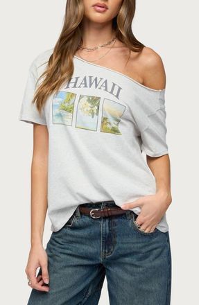 Edikted Hawaiian Babe One-Shoulder T-Shirt in Light-Gray-Melange at Nordstrom, Size X-Small