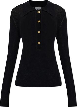 Ganni Slim-fit wollen polo - Dames - V-hals truien - Zwart - M - Wol - Truien & Vesten