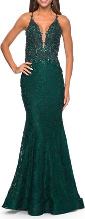 La Femme Exquisite Mermaid Lace Gown with Beaded Sheer Bodice in Dark Emerald at Nordstrom, Size 00