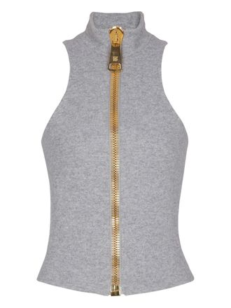 Balmain mock-neck zip-front top - women - Wool/Cotton - 34 - Grey