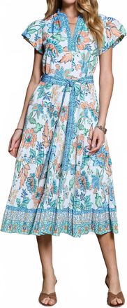 Current Air Floral Printed Pleated Midi Dress In Blue Multi