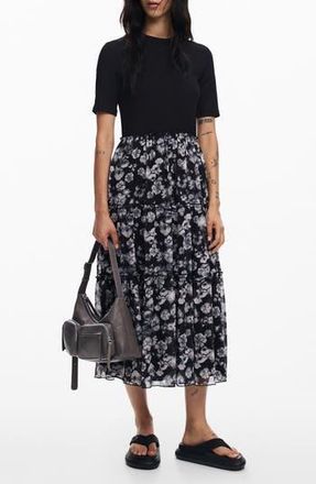 Desigual Indianapolis Metallic Floral Print Mixed Media Dress in Black at Nordstrom Rack, Size Large