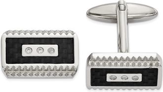 Diamond2Deal Stainless Steel Polished and Textured Black Carbon Fiber Inlay Cubic Zirconia Cufflinks