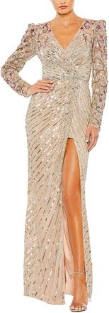 Mac Duggal Beaded Mesh Puff Sleeve V Neck Column Gown