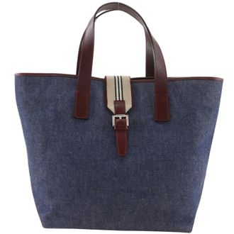 Burberry Bordeaux Navy Denim Leather Canvas Tote Bag (Pre-Owned)