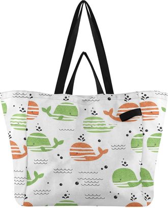 Generic Underwater Whales Ocean White pattern Reusable Canvas Tote Bag, Heavy Duty Grocery Shopping Bag with Double Handles Large Capacity Hard Bottom Work Gr