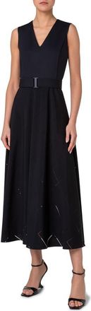 Akris Mixed Media Windowpane Check Belted Midi Dress in Black at Nordstrom, Size 8